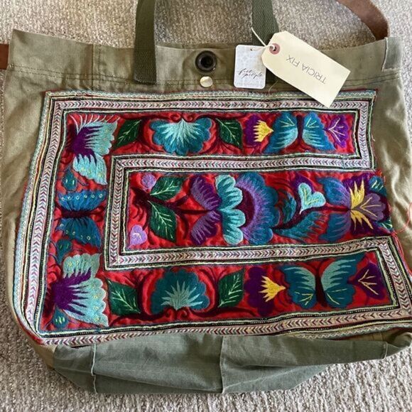 Tricia Fix Handbags - FREE PEOPLE TRICIA FIX MILITARY EMBROIDERED TOTE Repurposed Vintage Bag